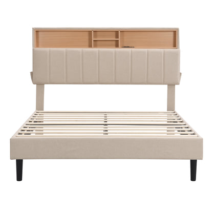 Full Upholstered Storage Bed – Beige Linen