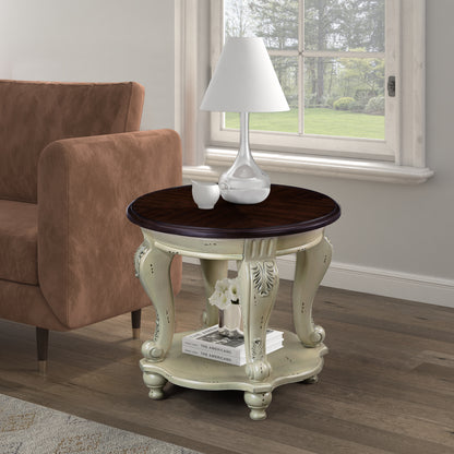 Antique White Round End Table – 22" Solid Rubberwood with Cabriole Legs & Shelf