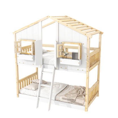 Twin House Bunk Bed Natural White