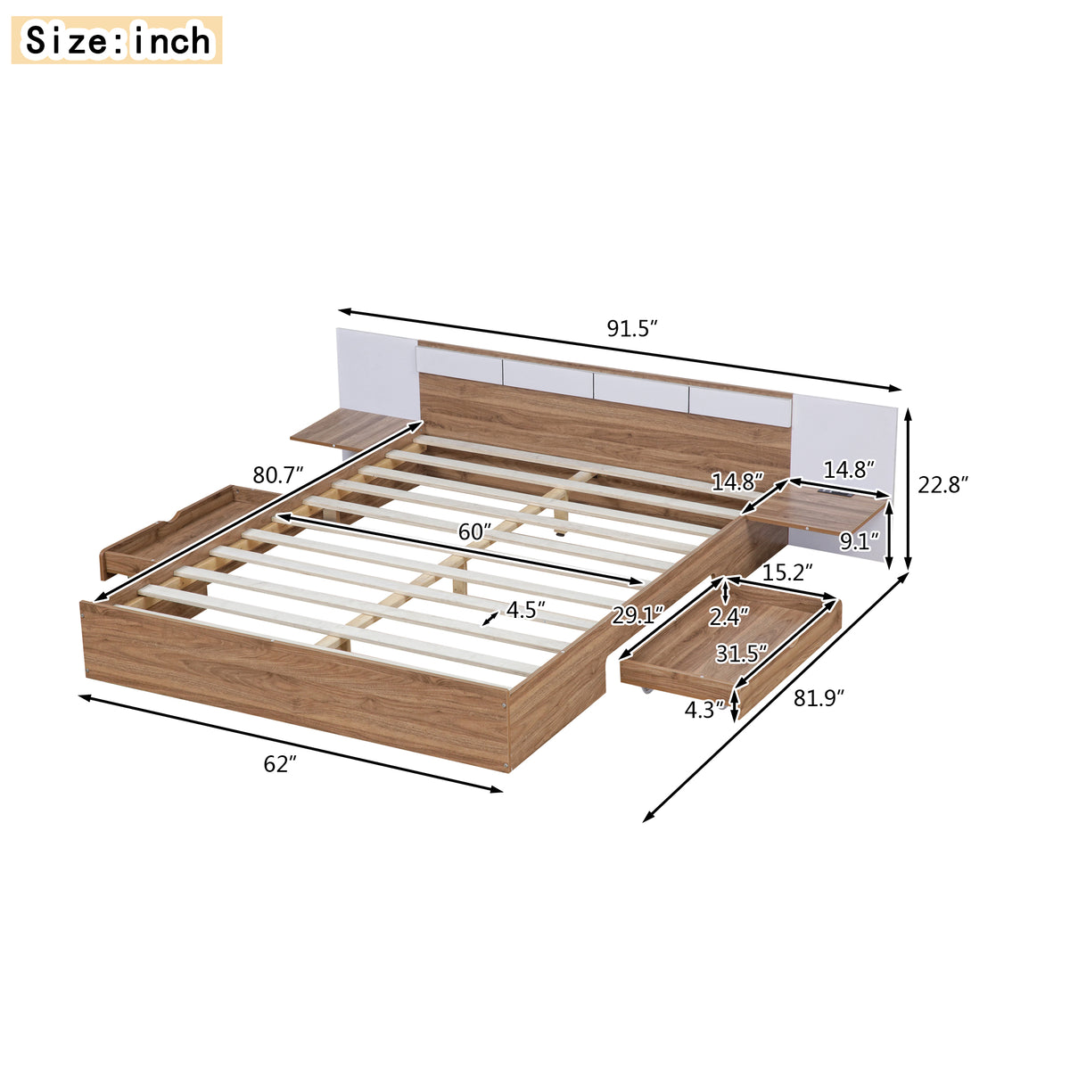 Queen Platform Bed with USB Ports Natural