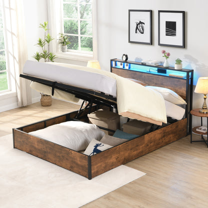 Elevating Platform Bed with LED Headboard Brown