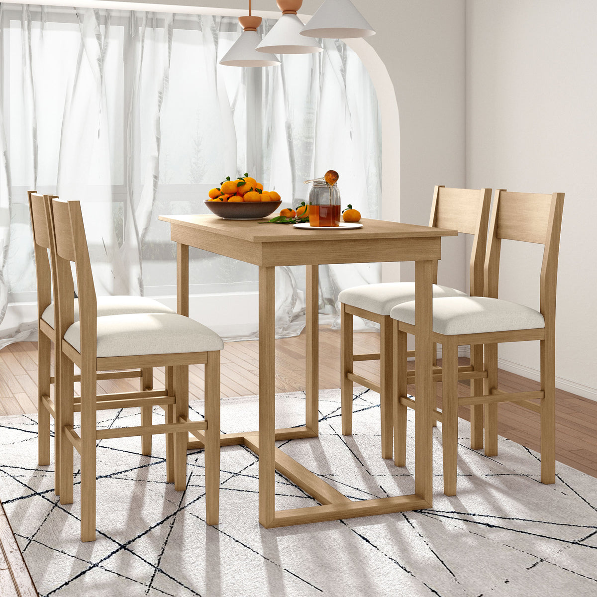 Farmhouse Counter Dining Set (5 pcs) – Brown & Beige
