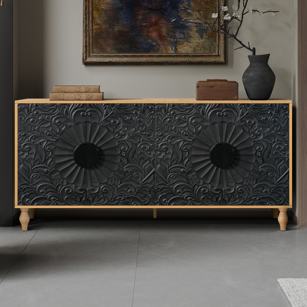 Carved Black TV Console with Wood Frame