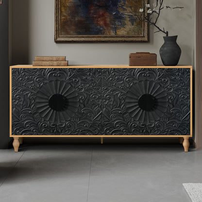 Carved Black TV Console with Wood Frame
