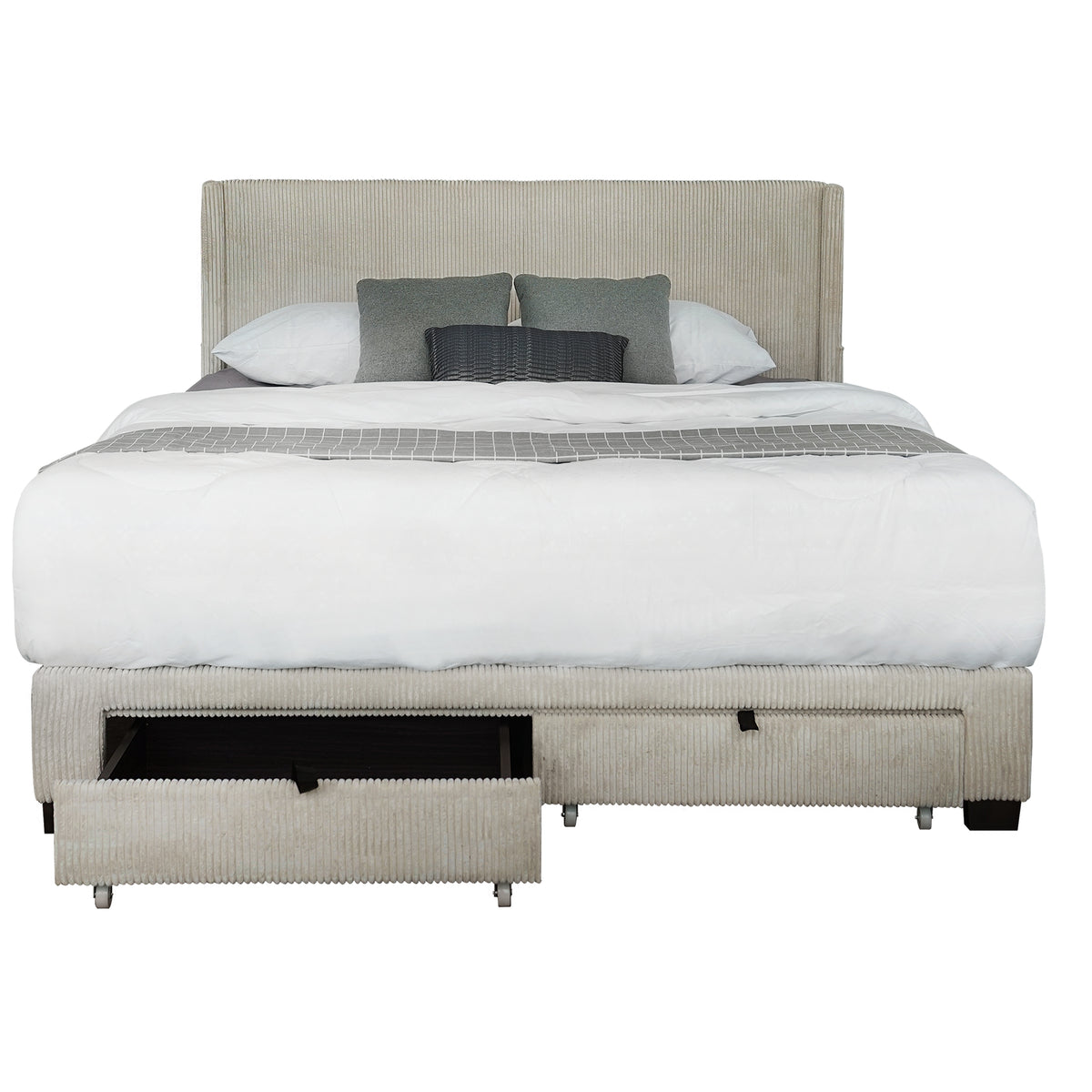 Corduroy Wingback Storage Bed – Beige & White