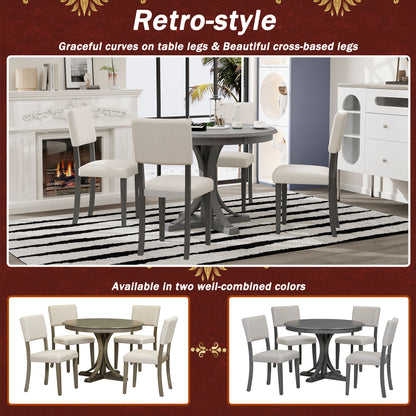 Dark Gray 5-Piece Round Dining Set – Solid Wood Table with Upholstered Chairs
