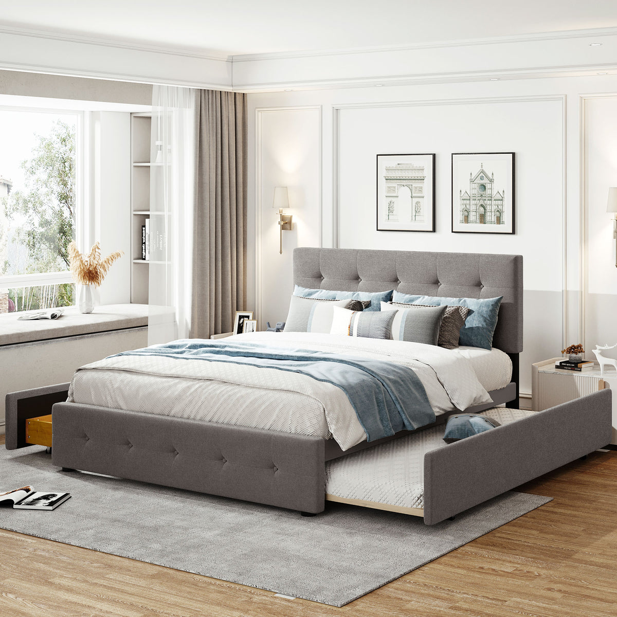 Upholstered Platform Bed Queen Light Gray