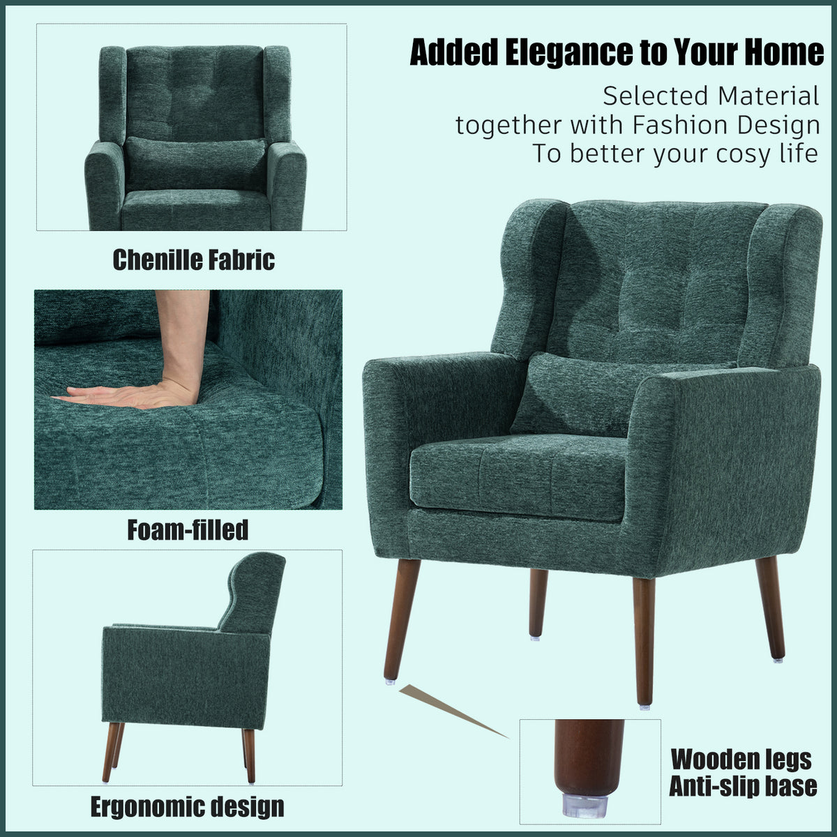 Upholstered Modern Accent Chair Blackish Green