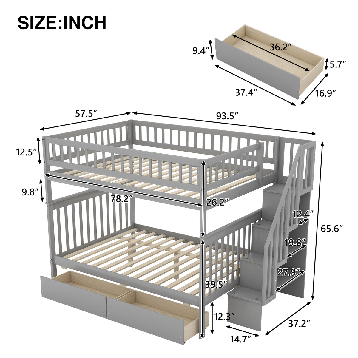 Full Bunk Bed with Storage Drawers Gray