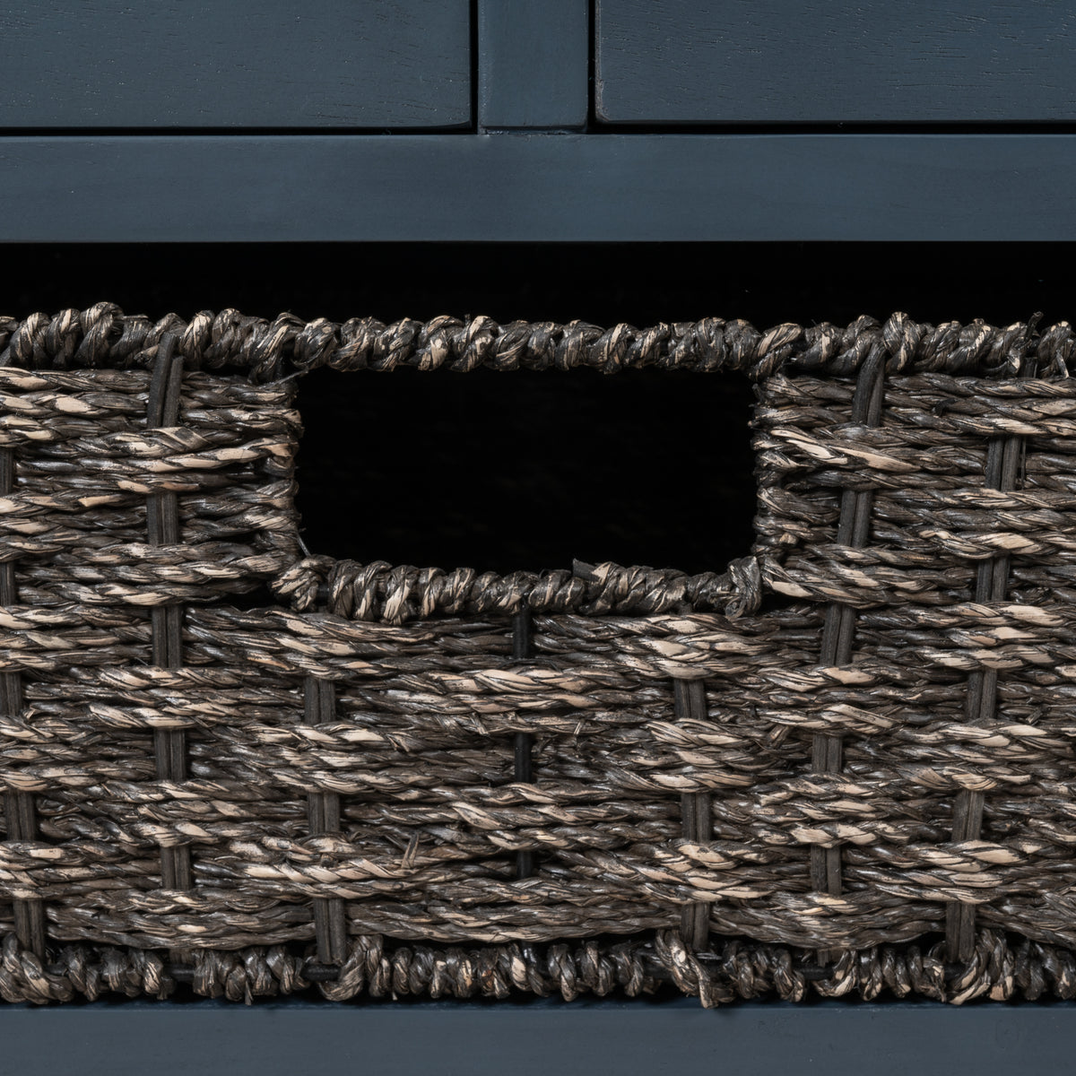 Navy Storage Bench with Rattan Basket
