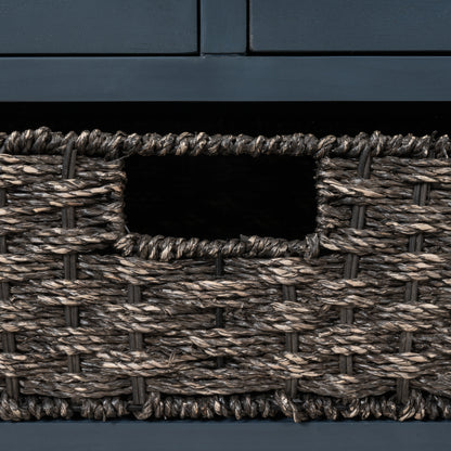 Navy Storage Bench with Rattan Basket