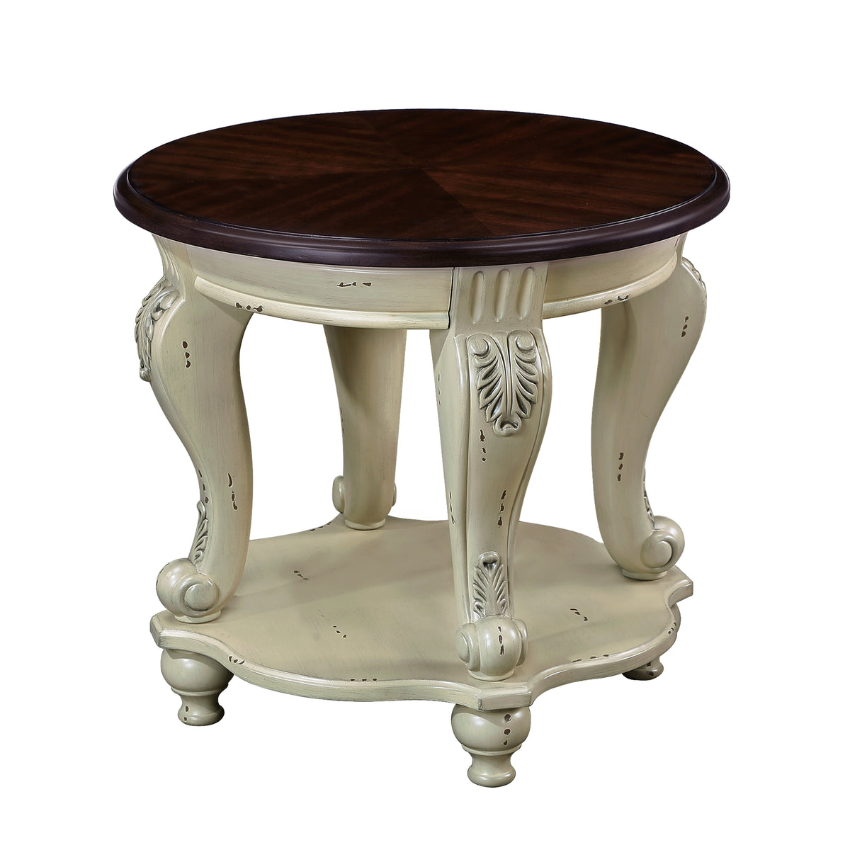 Antique White Round End Table – 22" Solid Rubberwood with Cabriole Legs & Shelf