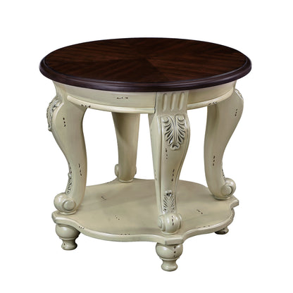 Antique White Round End Table – 22" Solid Rubberwood with Cabriole Legs & Shelf