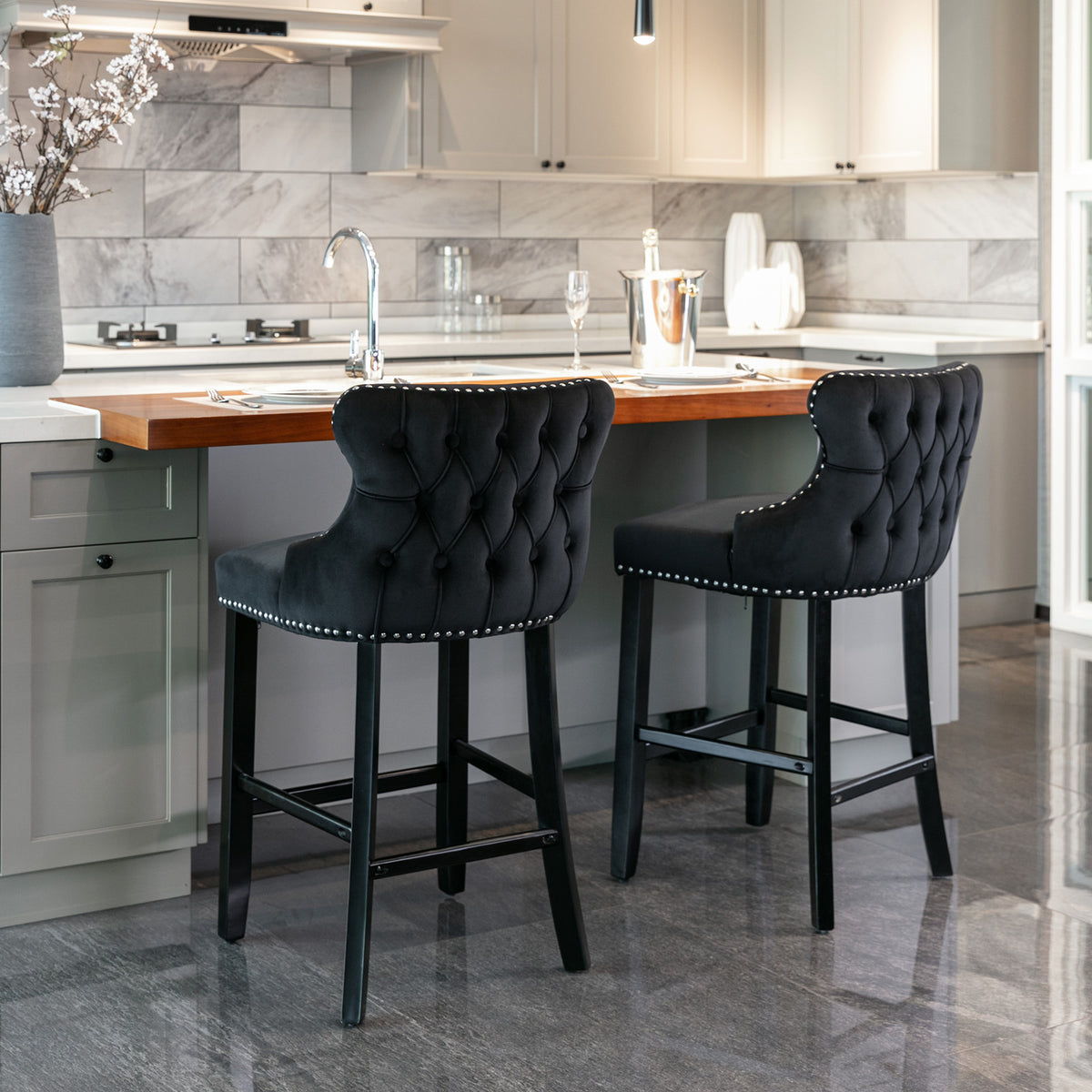 Velvet Bar Stools Set of 2 Black