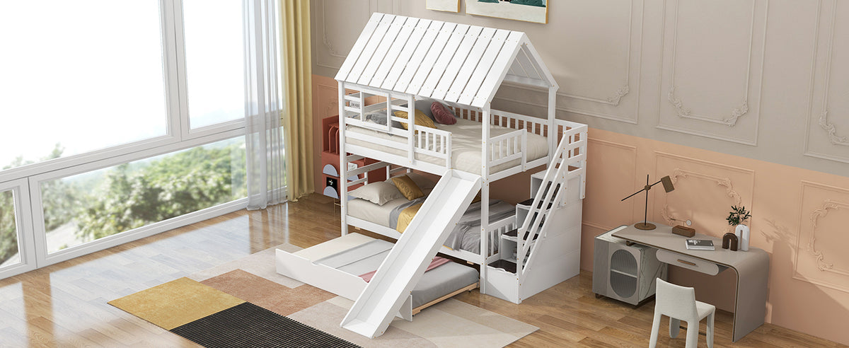 Twin Over Twin Bunk Bed with Roof Staircase White