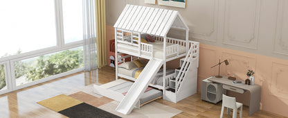 Twin Over Twin Bunk Bed with Roof Staircase White