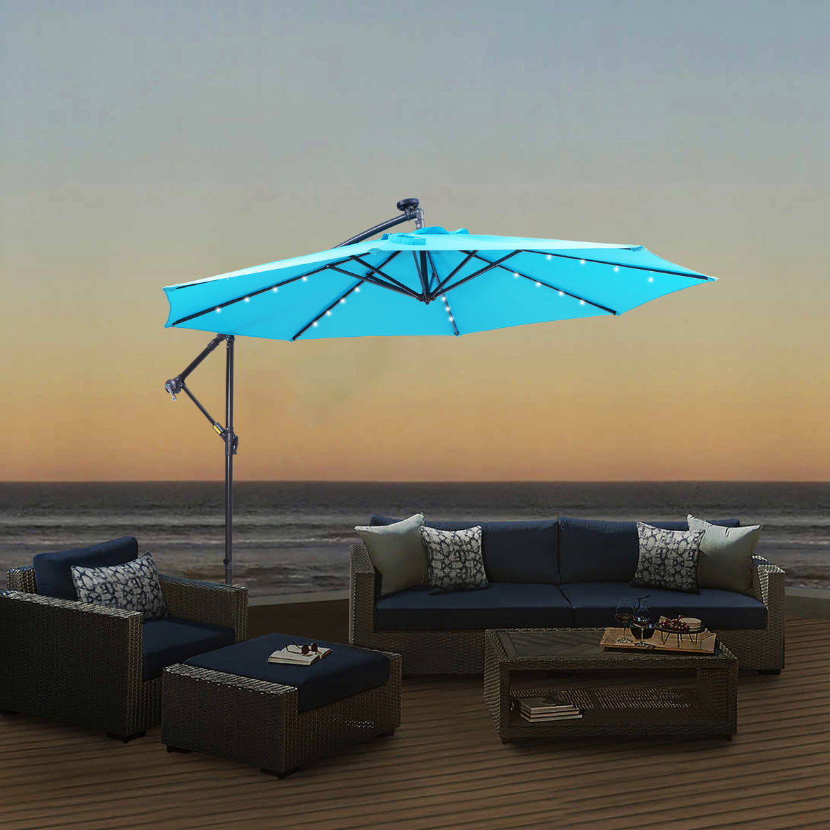 Blue 10ft Solar LED Patio Umbrella – 32 Lights with Crank & Tilt System