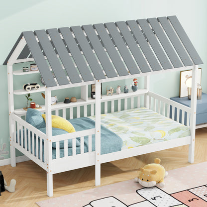 House Bed with Roof and Guardrails White