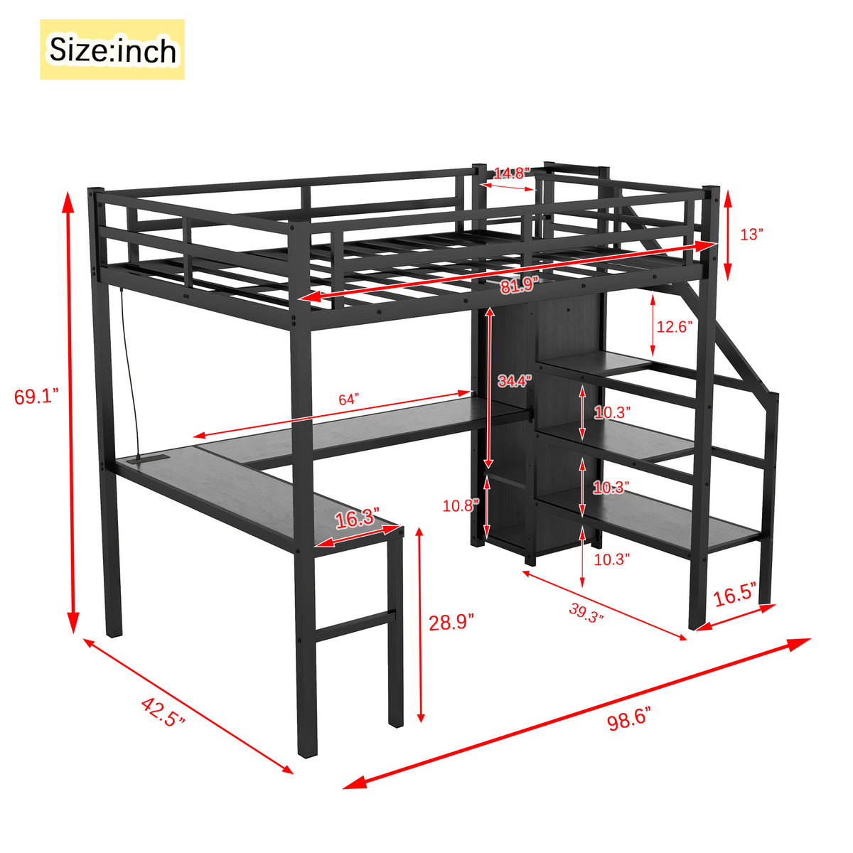 Loft Bed with USB and Adjustable Shelf Black