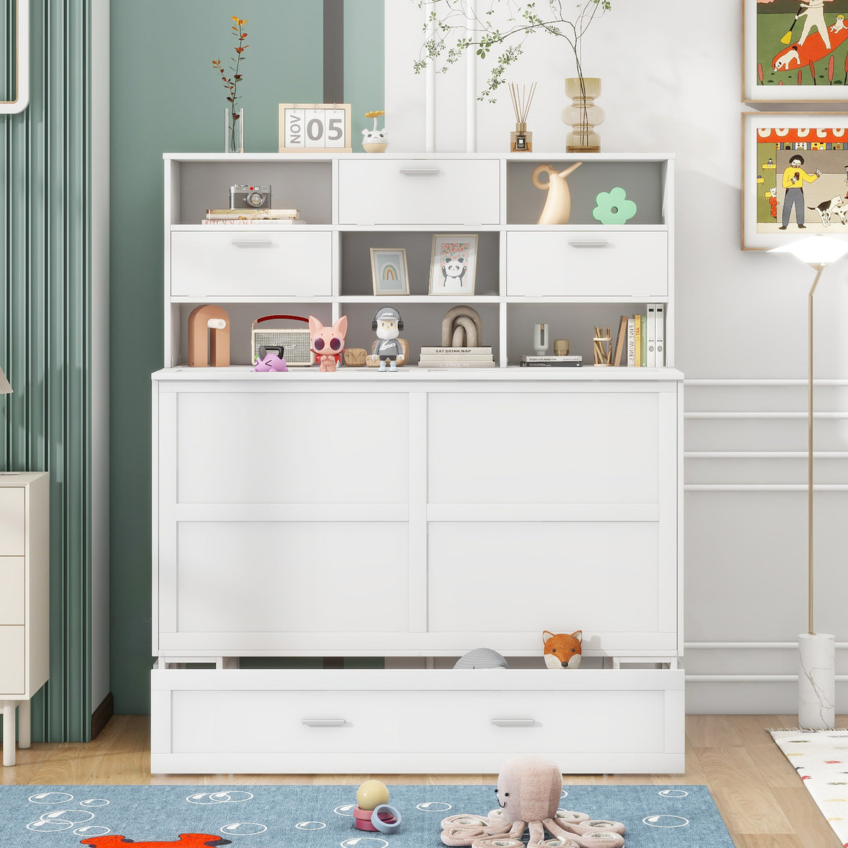Queen Murphy Bed with Bookcase Storage – White