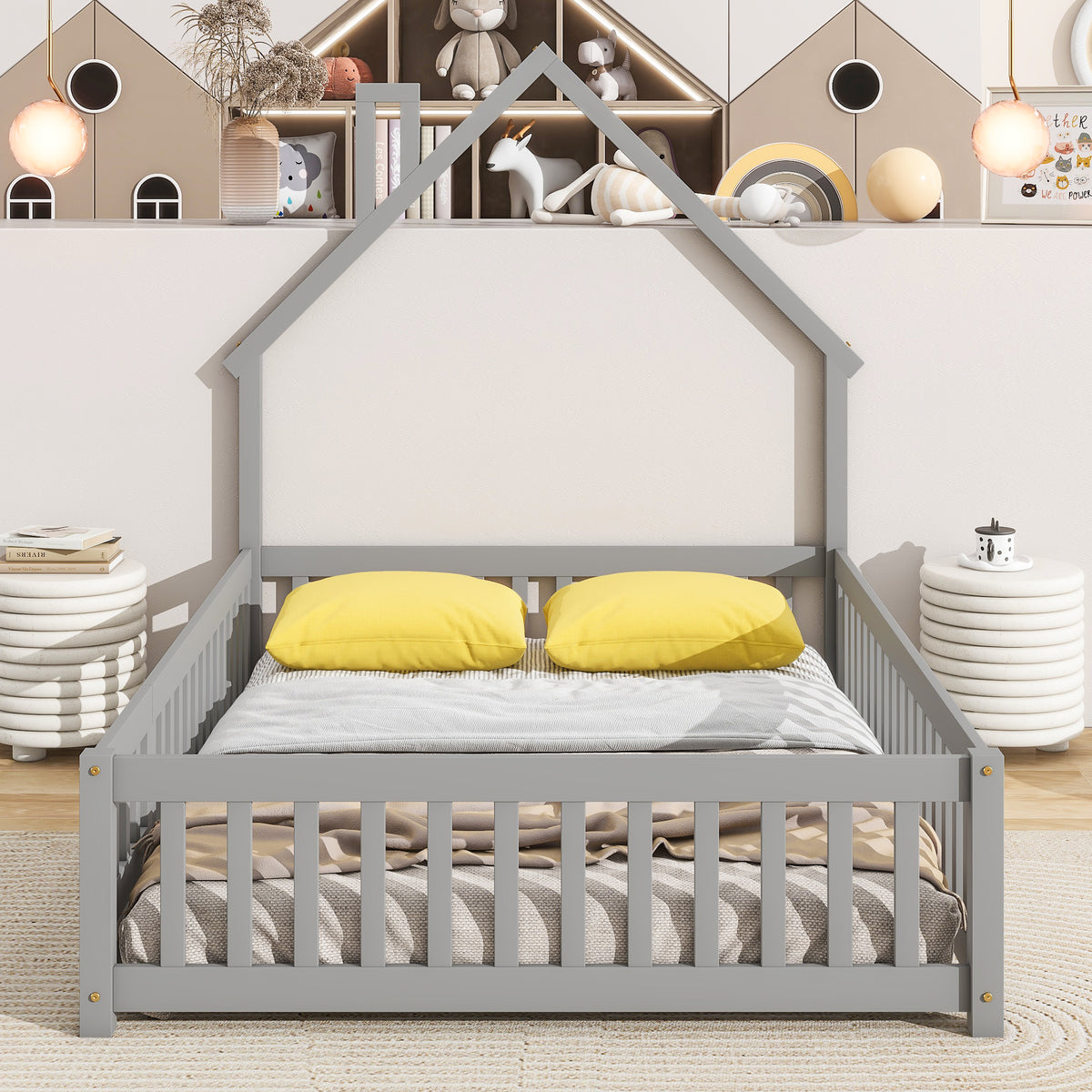 House Frame Bed with Fence Gray