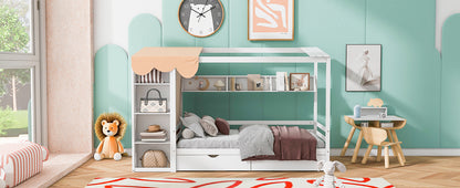 Twin House Bed with Wardrobe White