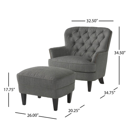 Modern Grey Fabric Club Chair with Ottoman – Upholstered Lounge Set