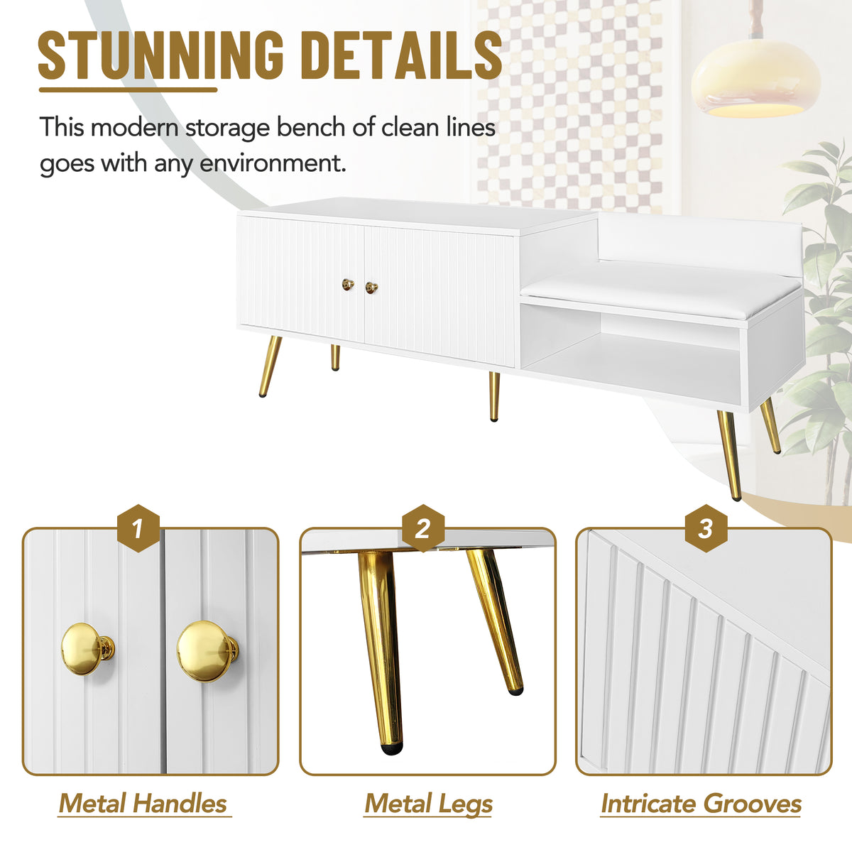 Modern White Shoe Storage Bench with Hidden Upholstered Seat