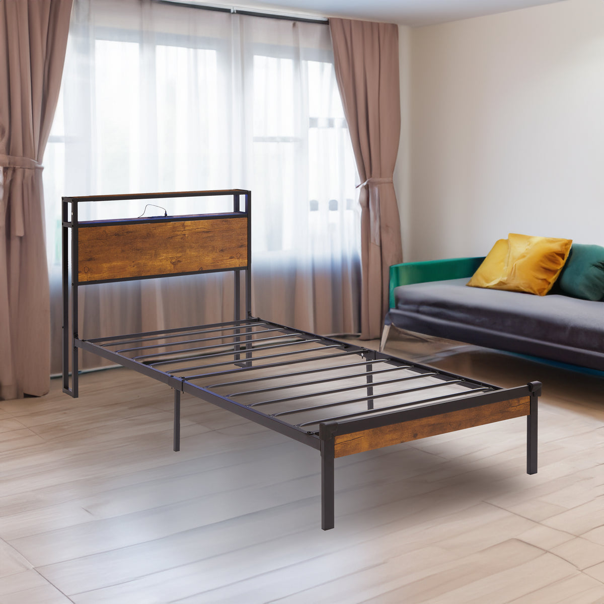 Dual Metal Platform Bed with LED Lights