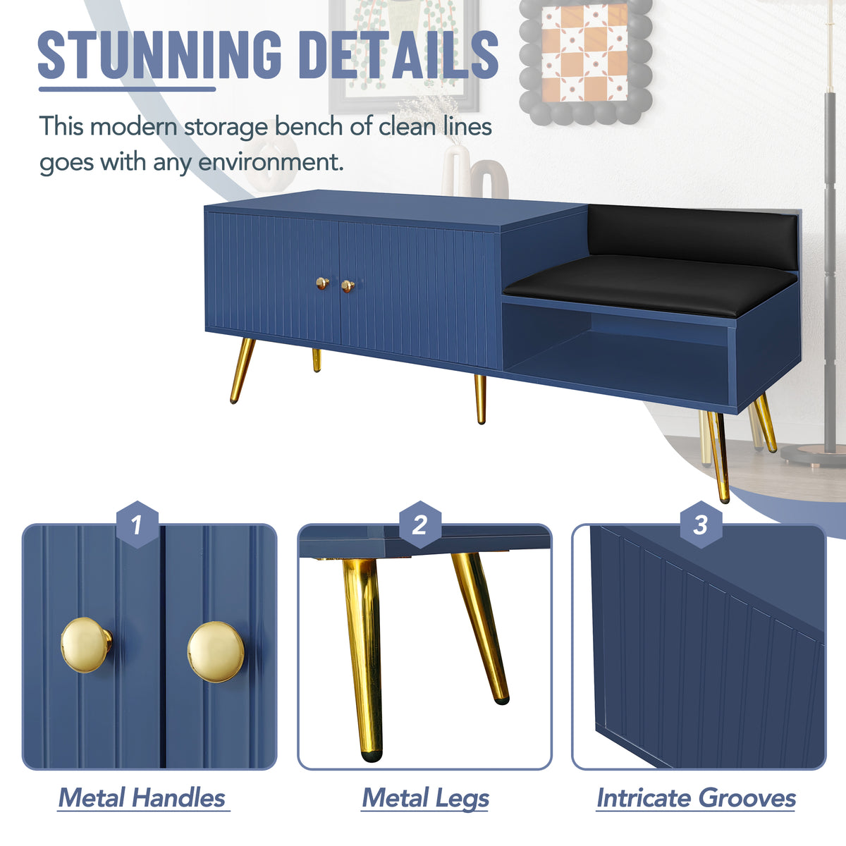Modern Hidden Storage Bench Navy Upholstered Seat