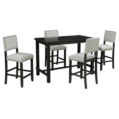 Espresso 5-Piece Counter Height Dining Set – Solid Wood Table with Upholstered Chairs