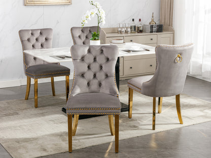 Tufted Velvet Dining Chair Set (2 pcs) – Gray & Gold Legs