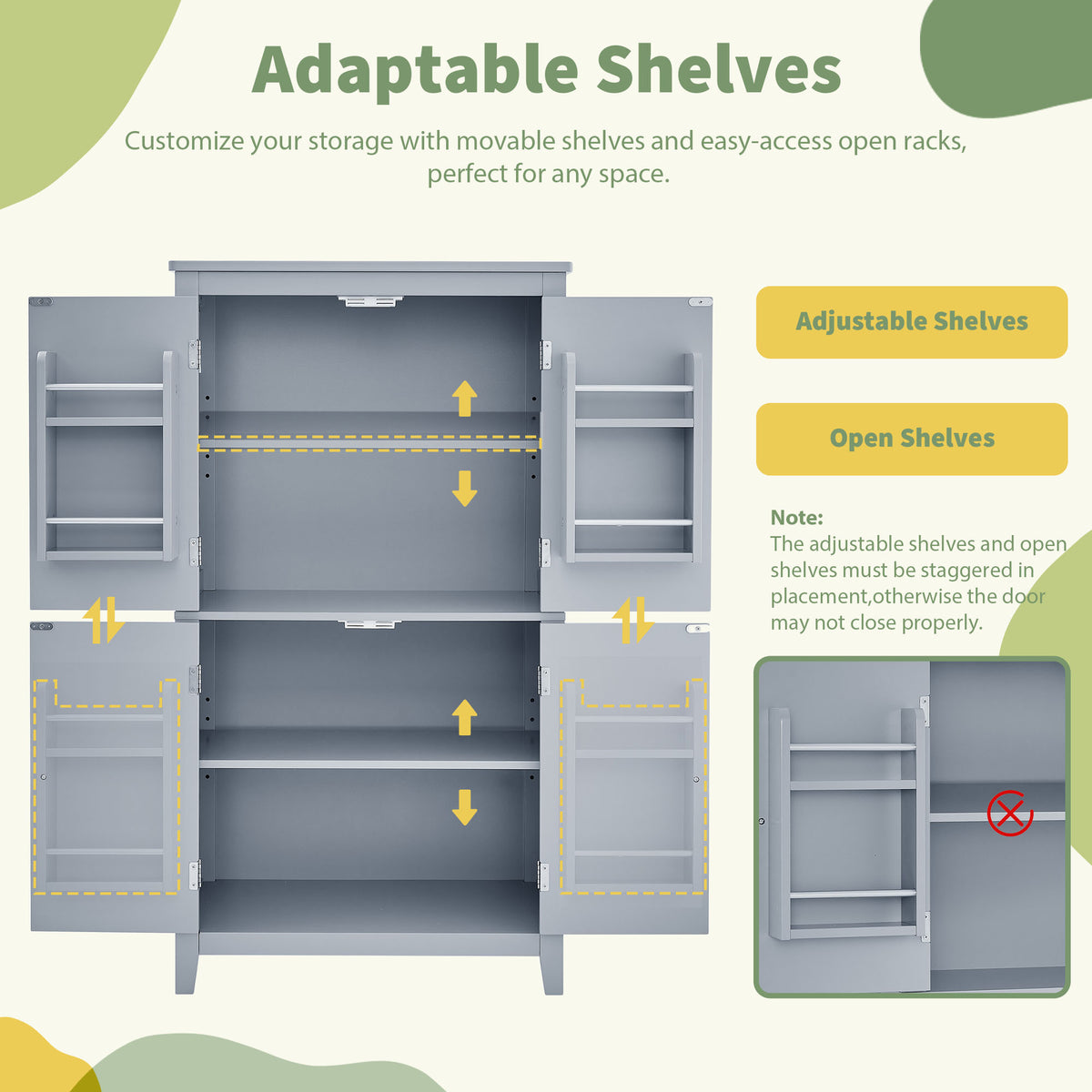 Gray Bathroom Floor Cabinet with Adjustable Shelves