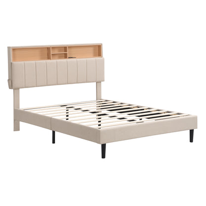 Full Upholstered Storage Bed – Beige Linen