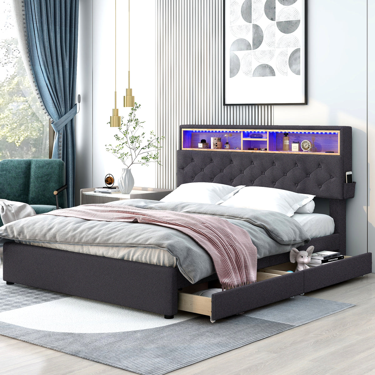 Queen LED Upholstered Storage Bed – Dark Gray