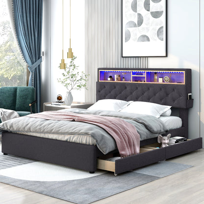 Queen LED Upholstered Storage Bed – Dark Gray