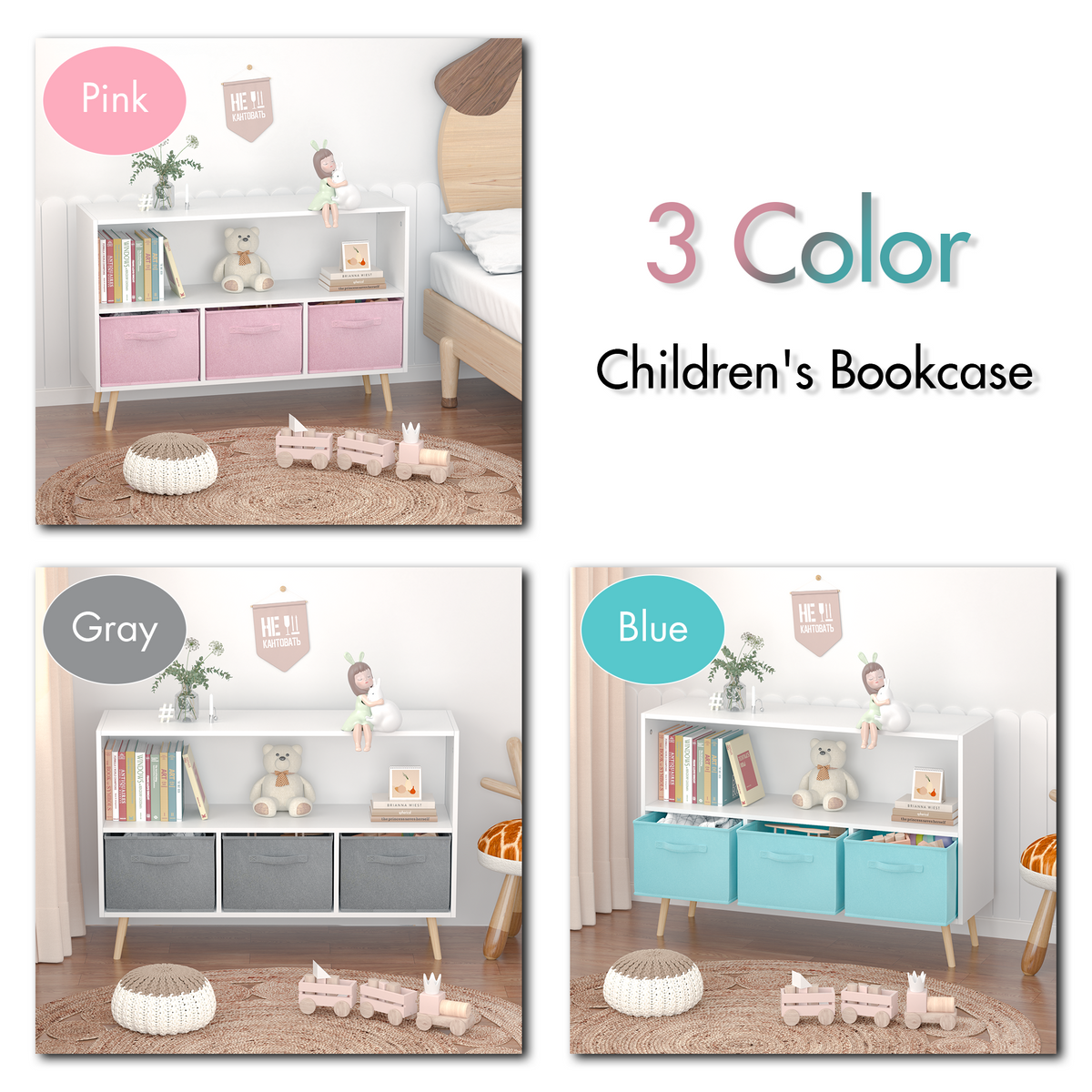 Kids Bookcase with Fabric Drawers White Blue