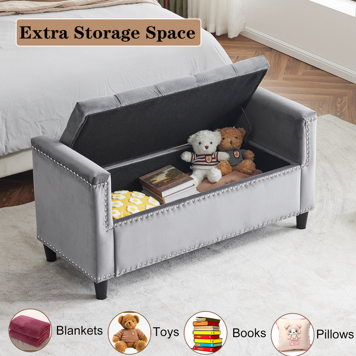 Velvet Storage Bench with Nailhead Trim Gray