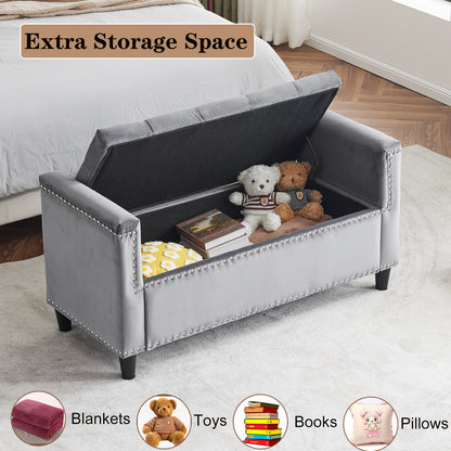 Velvet Storage Bench with Nailhead Trim Gray