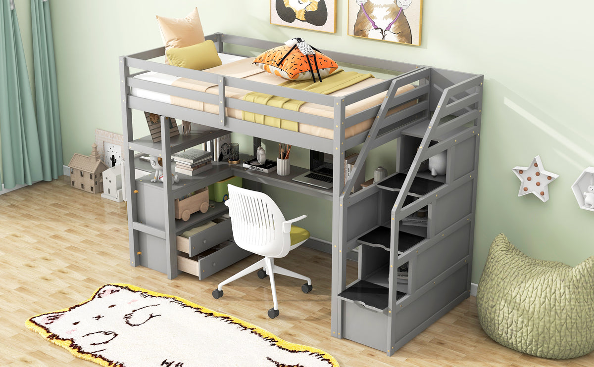 Twin Loft Bed with Storage Gray