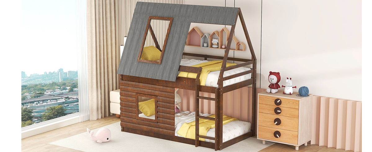 Twin Bunk Bed with Roof Windows Gray
