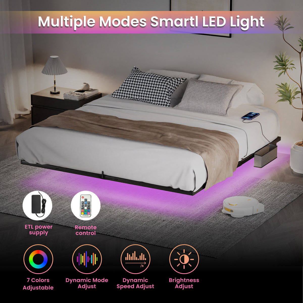 Floating Platform Bed Frame with LED Headboard