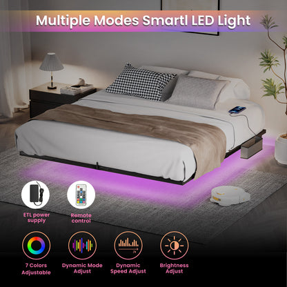 Floating Platform Bed Frame with LED Headboard