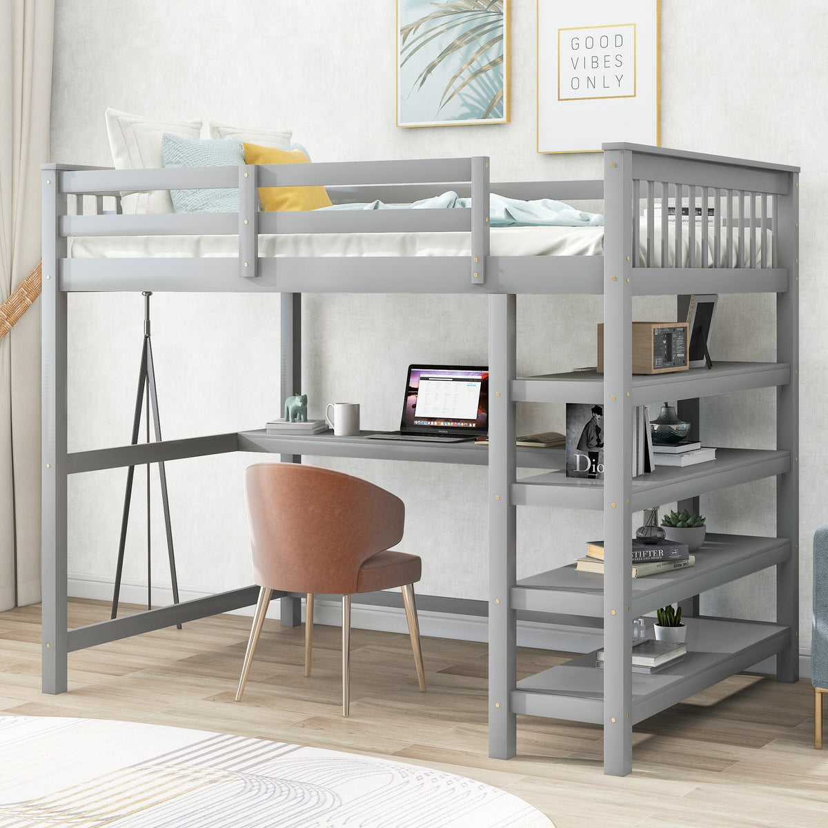 Full-Size Loft Bed with Desk and Drawers Gray