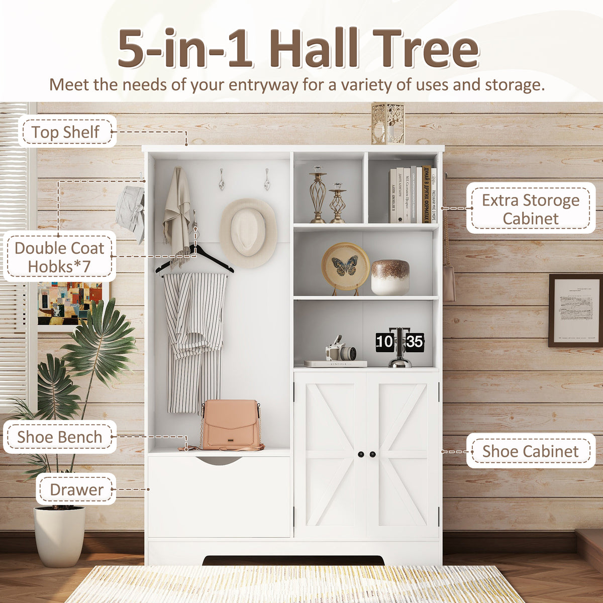 Hall Tree Storage Cabinet White