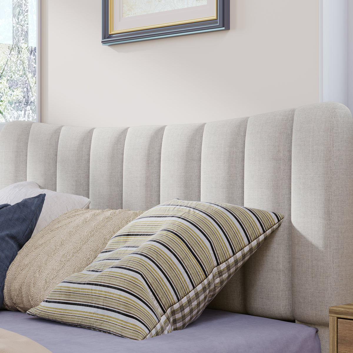 Upholstered Platform Bed with Channel Headboard Cream