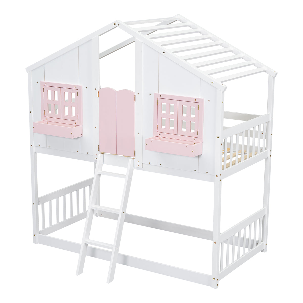 Twin House Bunk Bed with Ladder Pink White