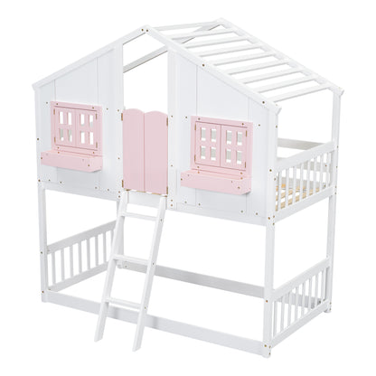 Twin House Bunk Bed with Ladder Pink White