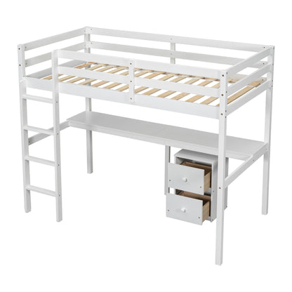 White Twin Loft Bed with Storage & Ladder