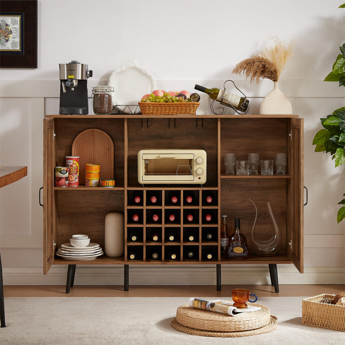 Oak Faux Rattan Wine Cabinet with Removable Shelves